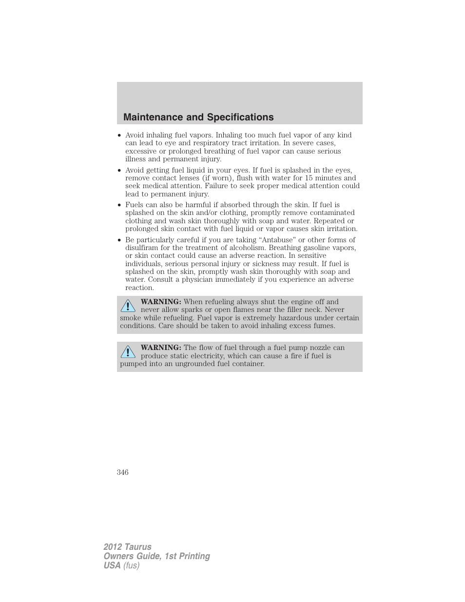 Maintenance and specifications | FORD 2012 Taurus v.1 User Manual | Page 346 / 406
