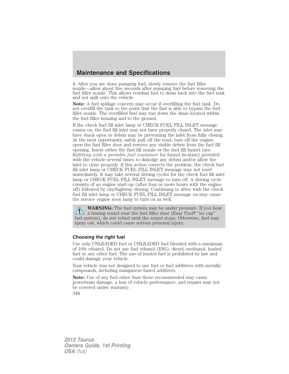Choosing the right fuel, Maintenance and specifications | FORD 2012 Taurus v.1 User Manual | Page 348 / 406