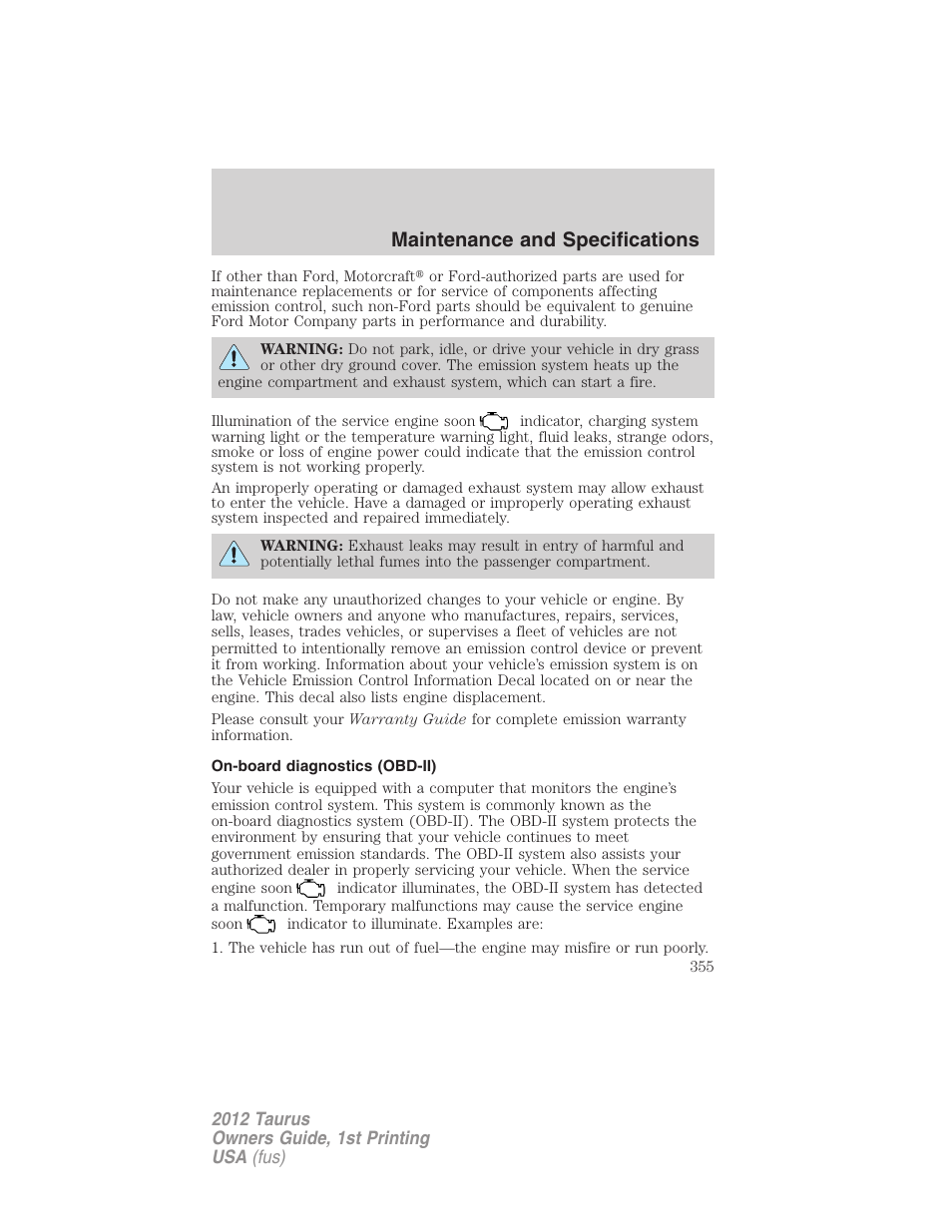 On-board diagnostics (obd-ii), Maintenance and specifications | FORD 2012 Taurus v.1 User Manual | Page 355 / 406