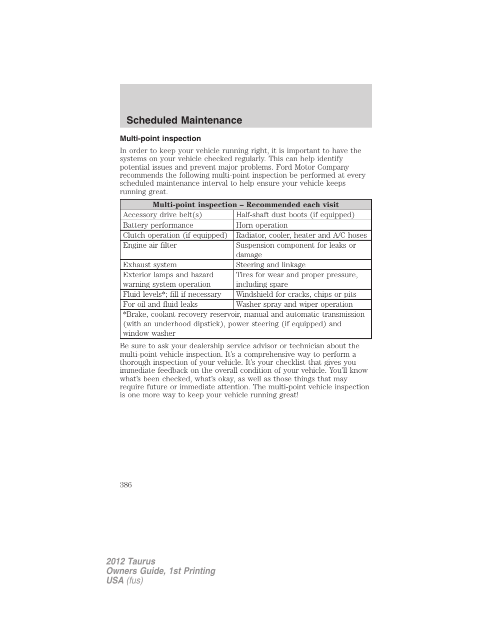 Multi-point inspection, Scheduled maintenance | FORD 2012 Taurus v.1 User Manual | Page 386 / 406