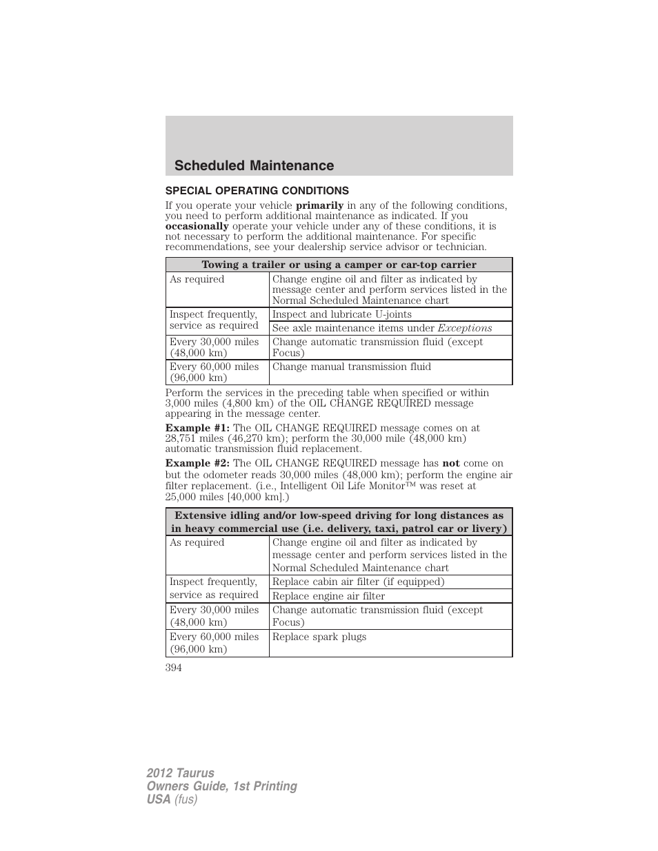 Special operating conditions, Scheduled maintenance | FORD 2012 Taurus v.1 User Manual | Page 394 / 406
