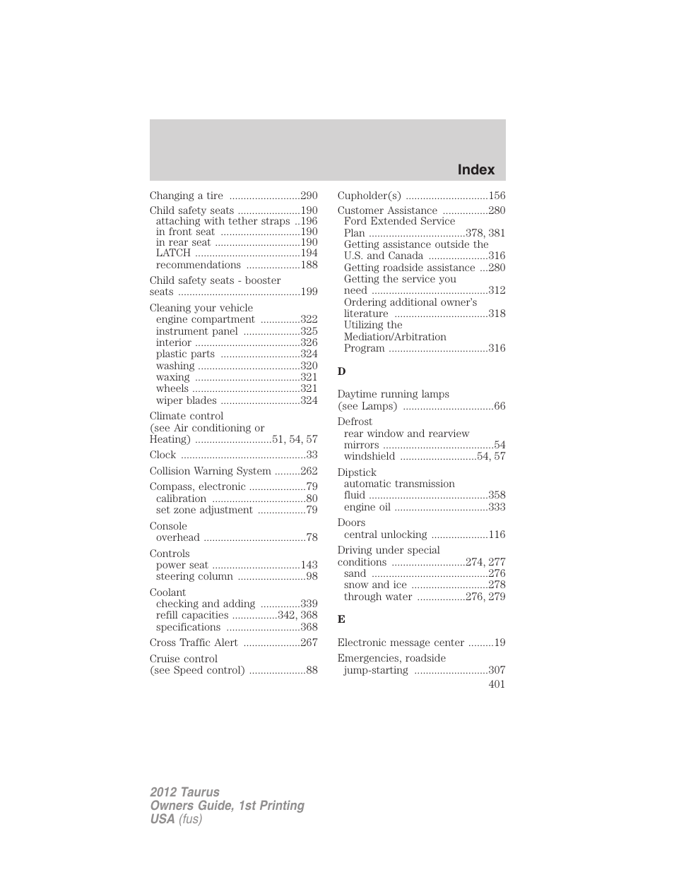 Index | FORD 2012 Taurus v.1 User Manual | Page 401 / 406