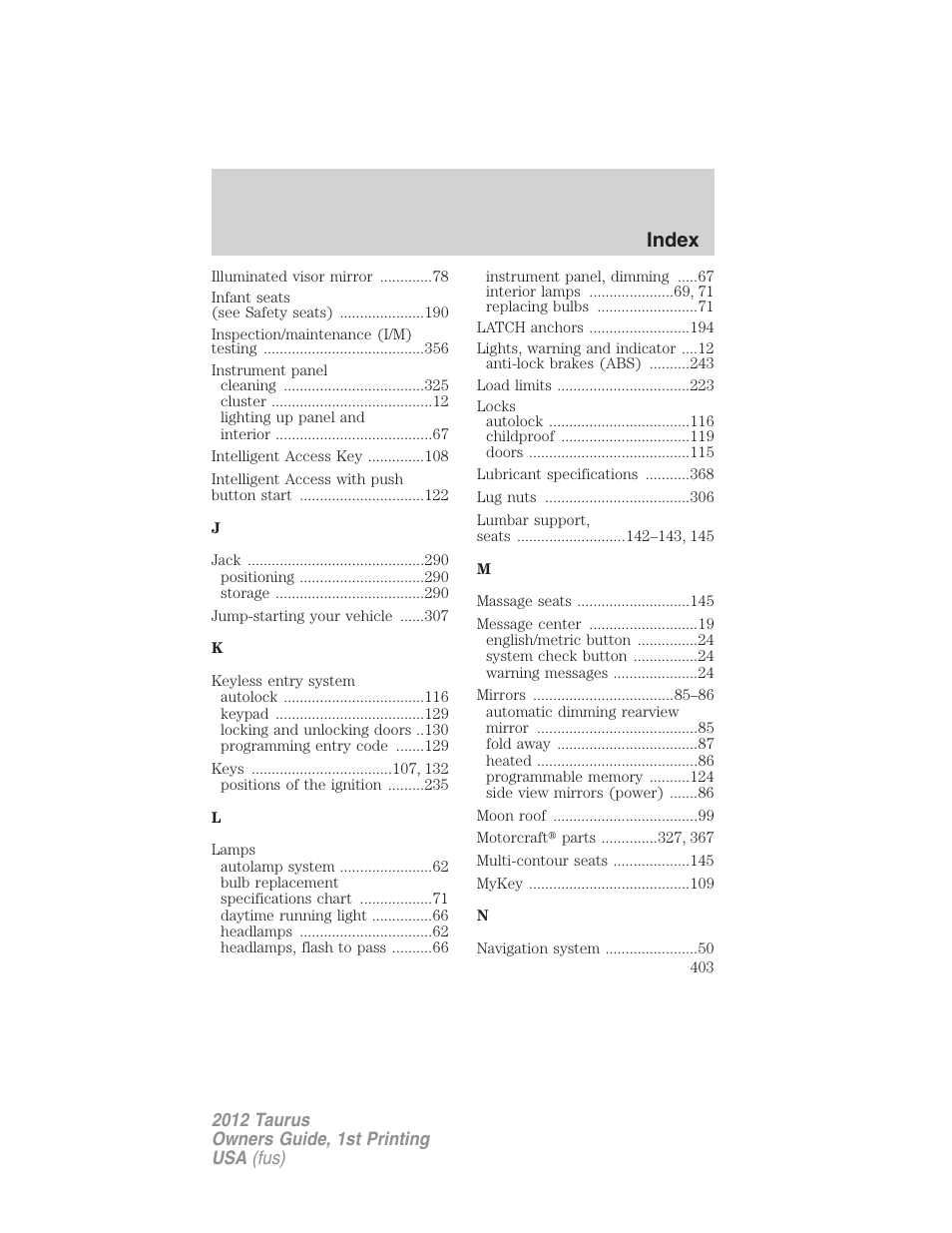 Index | FORD 2012 Taurus v.1 User Manual | Page 403 / 406