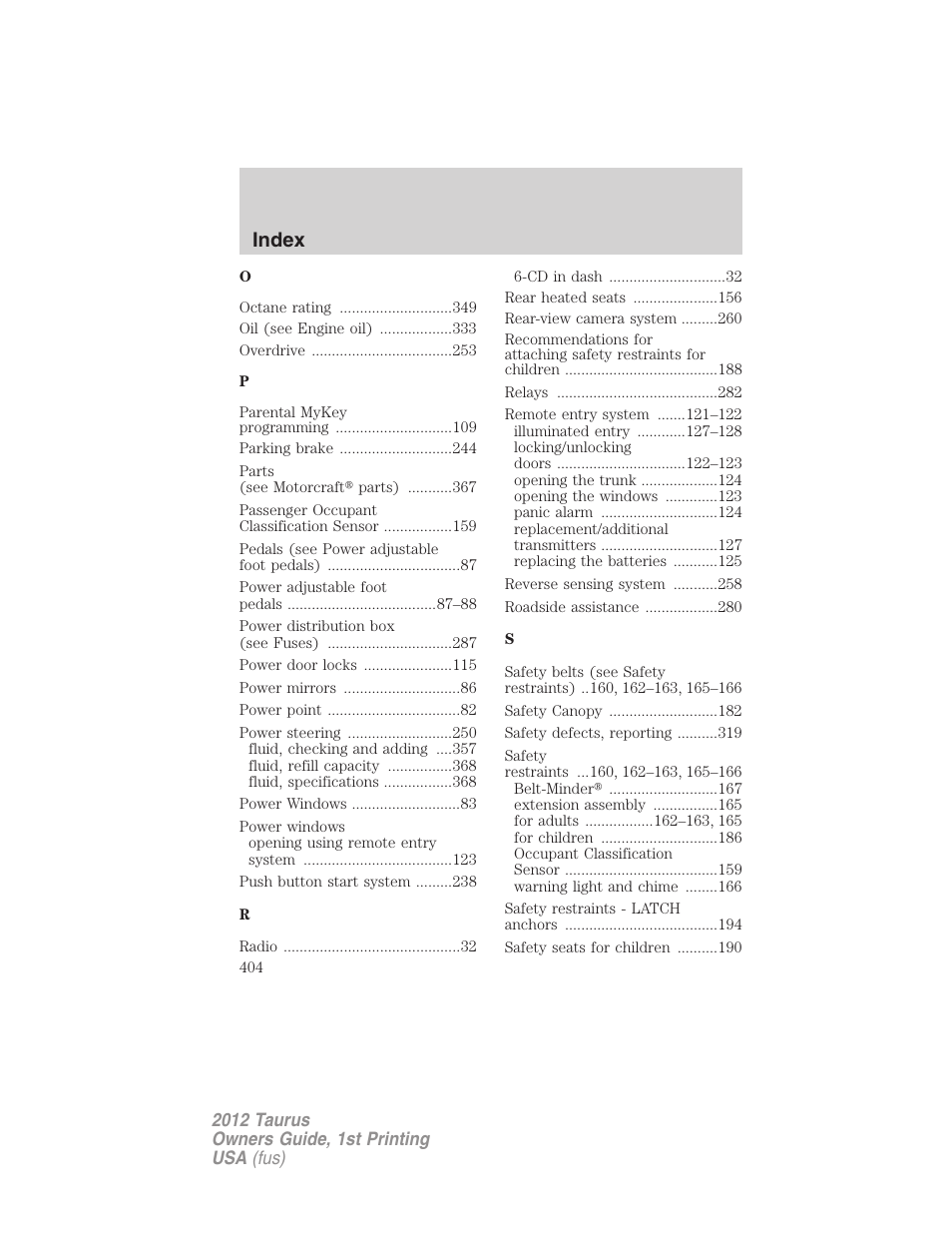 Index | FORD 2012 Taurus v.1 User Manual | Page 404 / 406
