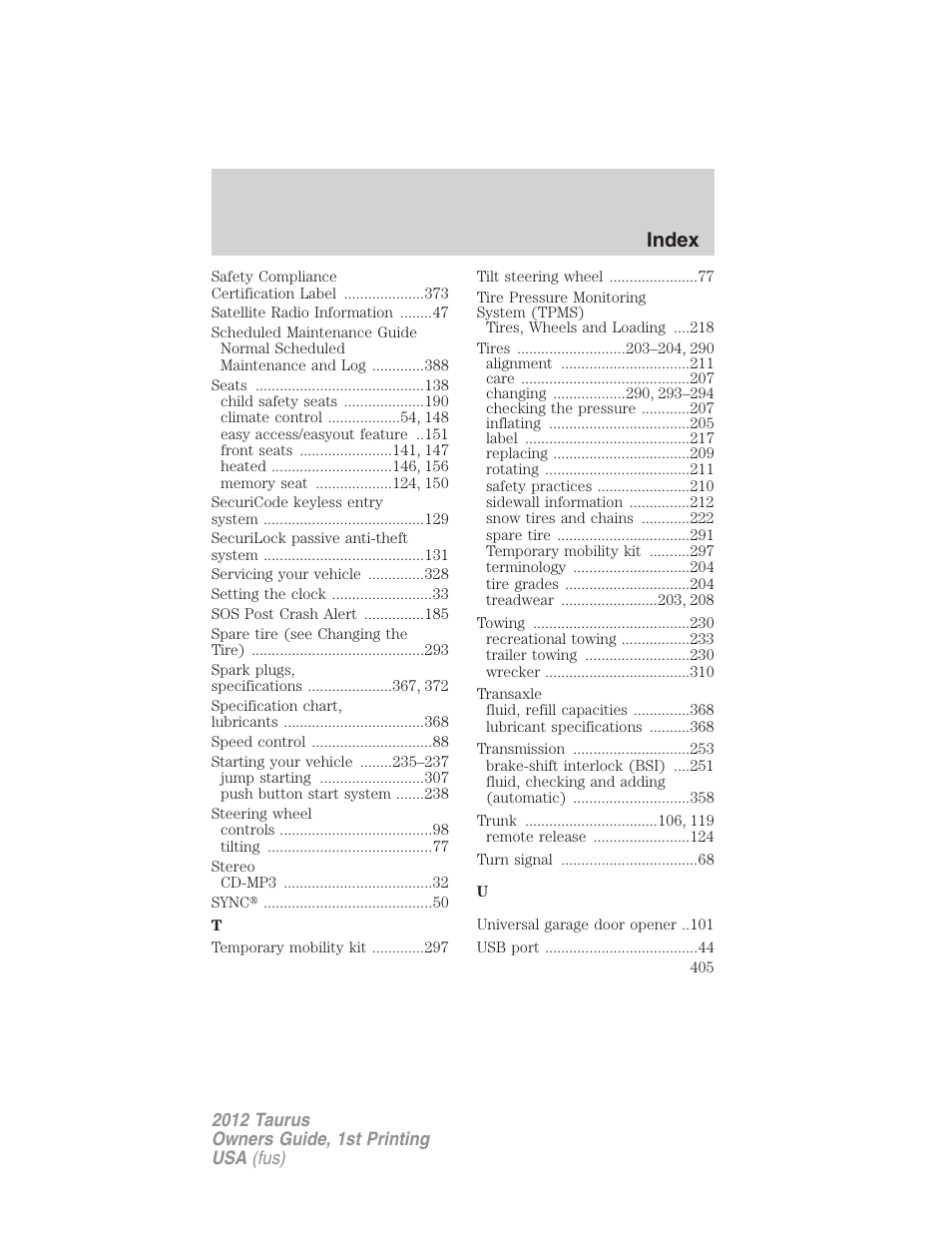 Index | FORD 2012 Taurus v.1 User Manual | Page 405 / 406