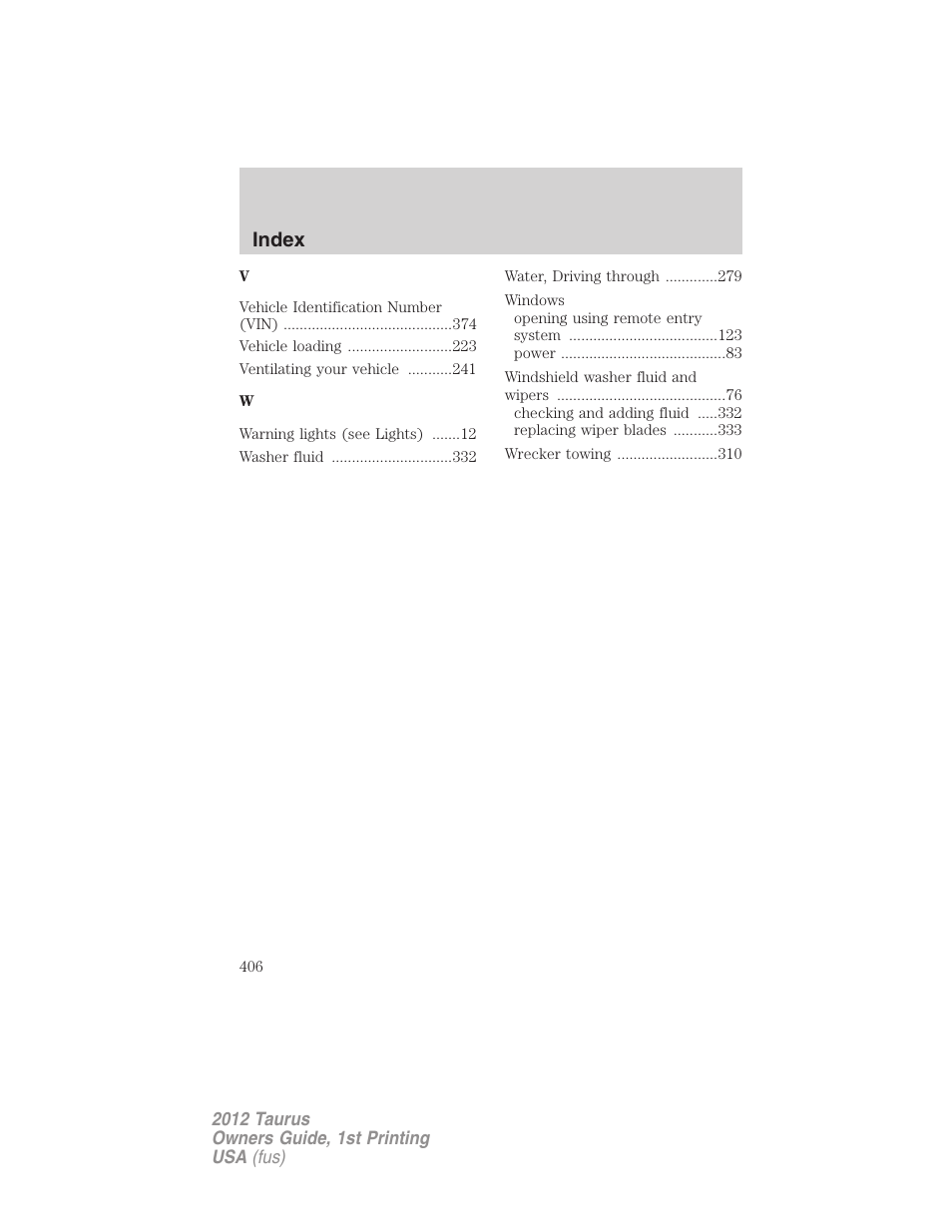 Index | FORD 2012 Taurus v.1 User Manual | Page 406 / 406