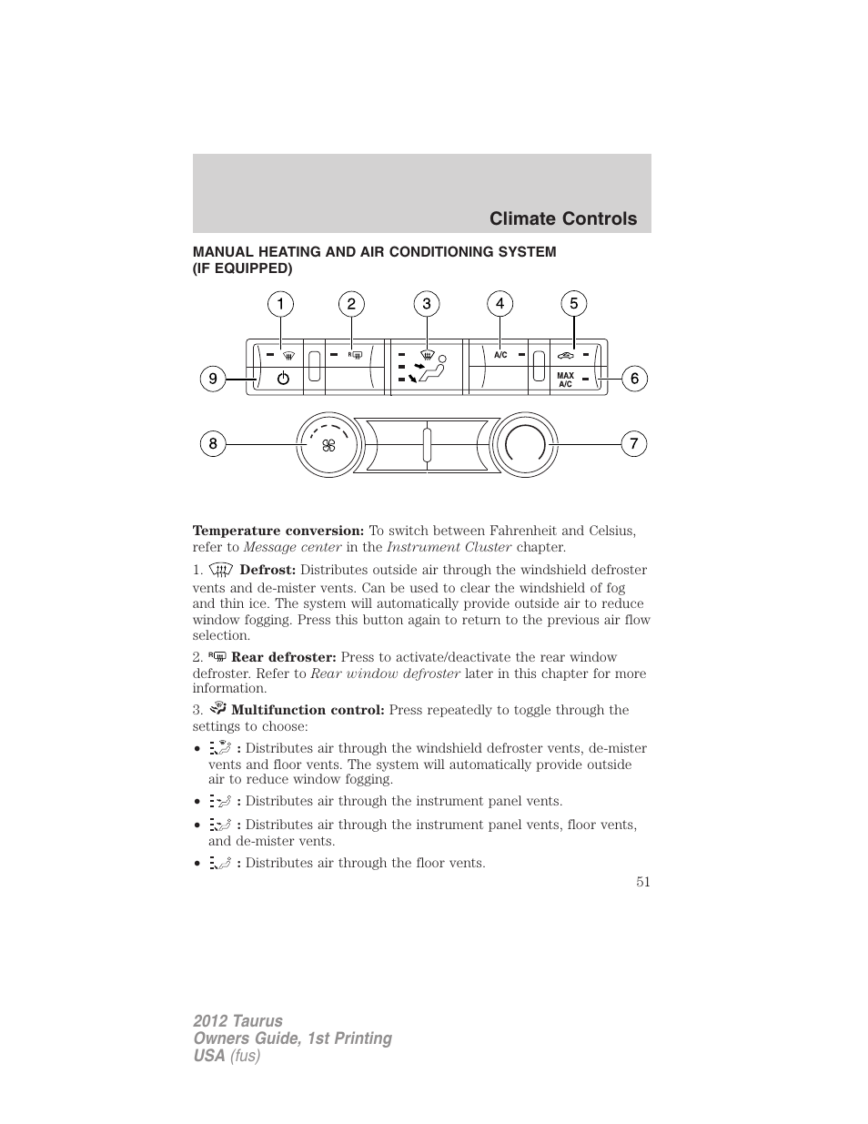 Climate controls, Manual heating and air conditioning | FORD 2012 Taurus v.1 User Manual | Page 51 / 406