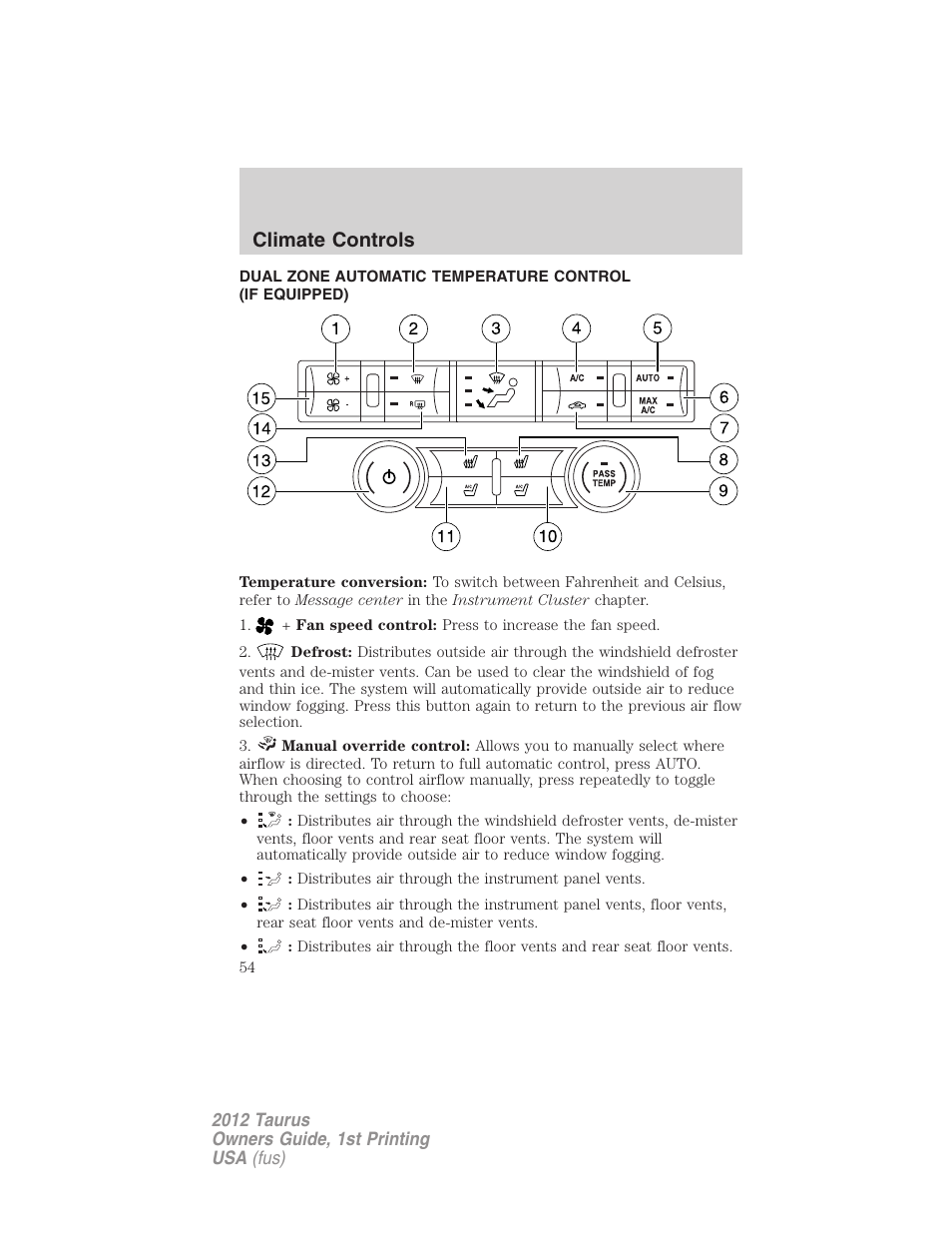 Dual electronic automatic temperature control, Climate controls | FORD 2012 Taurus v.1 User Manual | Page 54 / 406