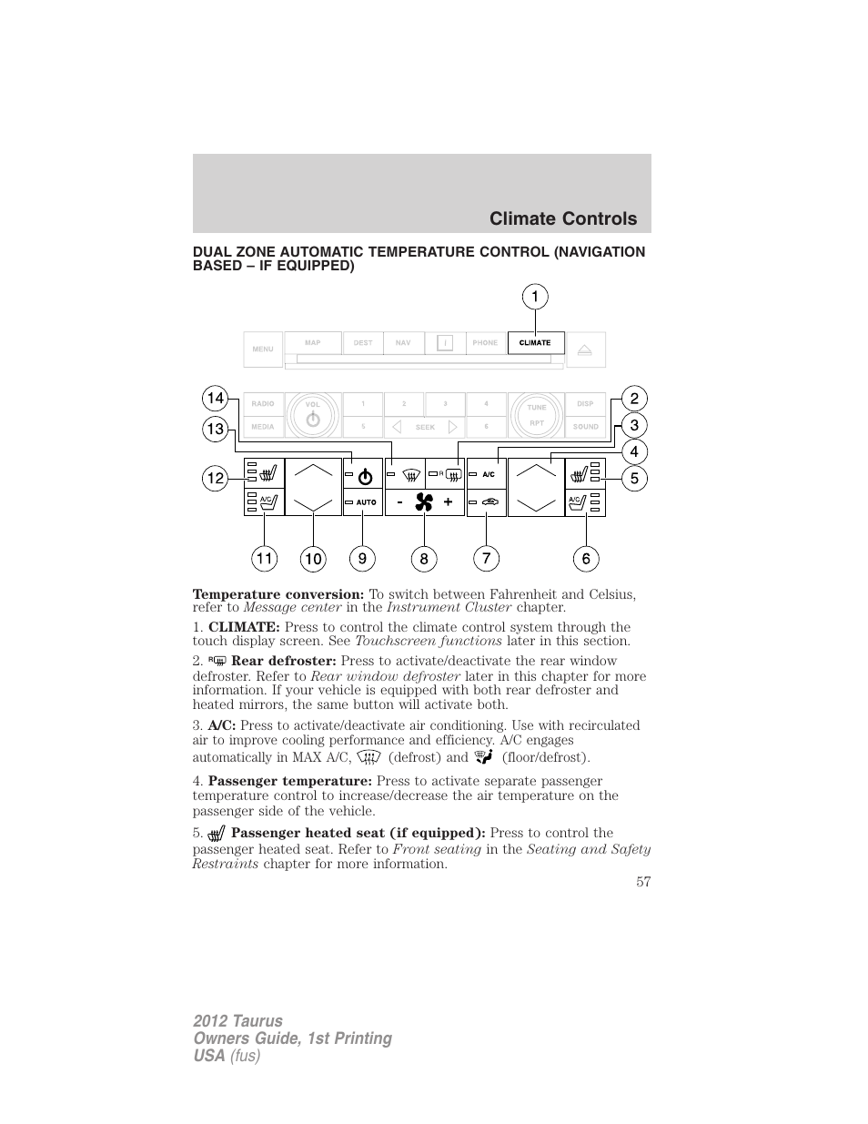 Navigation system based climate control, Climate controls | FORD 2012 Taurus v.1 User Manual | Page 57 / 406