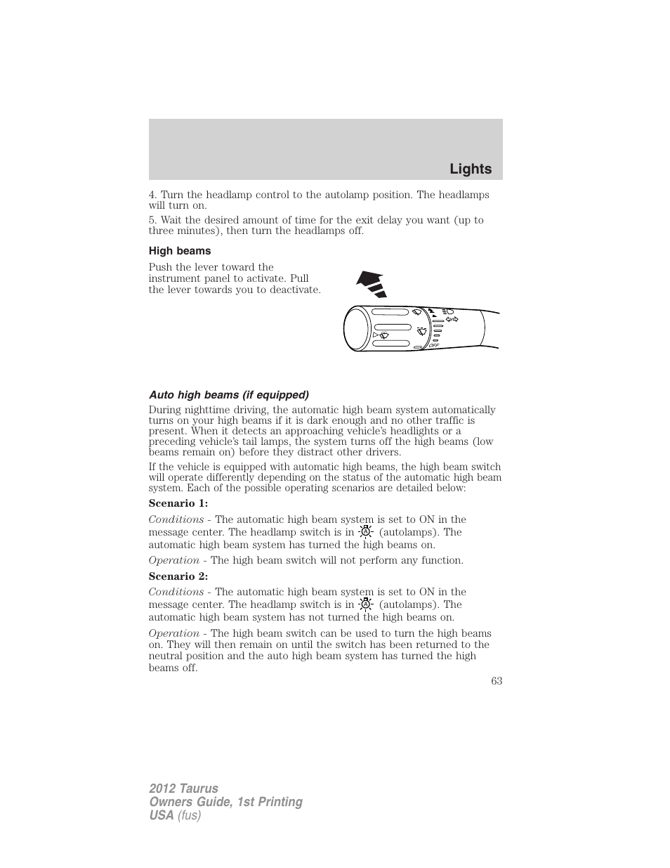 High beams, Auto high beams (if equipped), Lights | FORD 2012 Taurus v.1 User Manual | Page 63 / 406