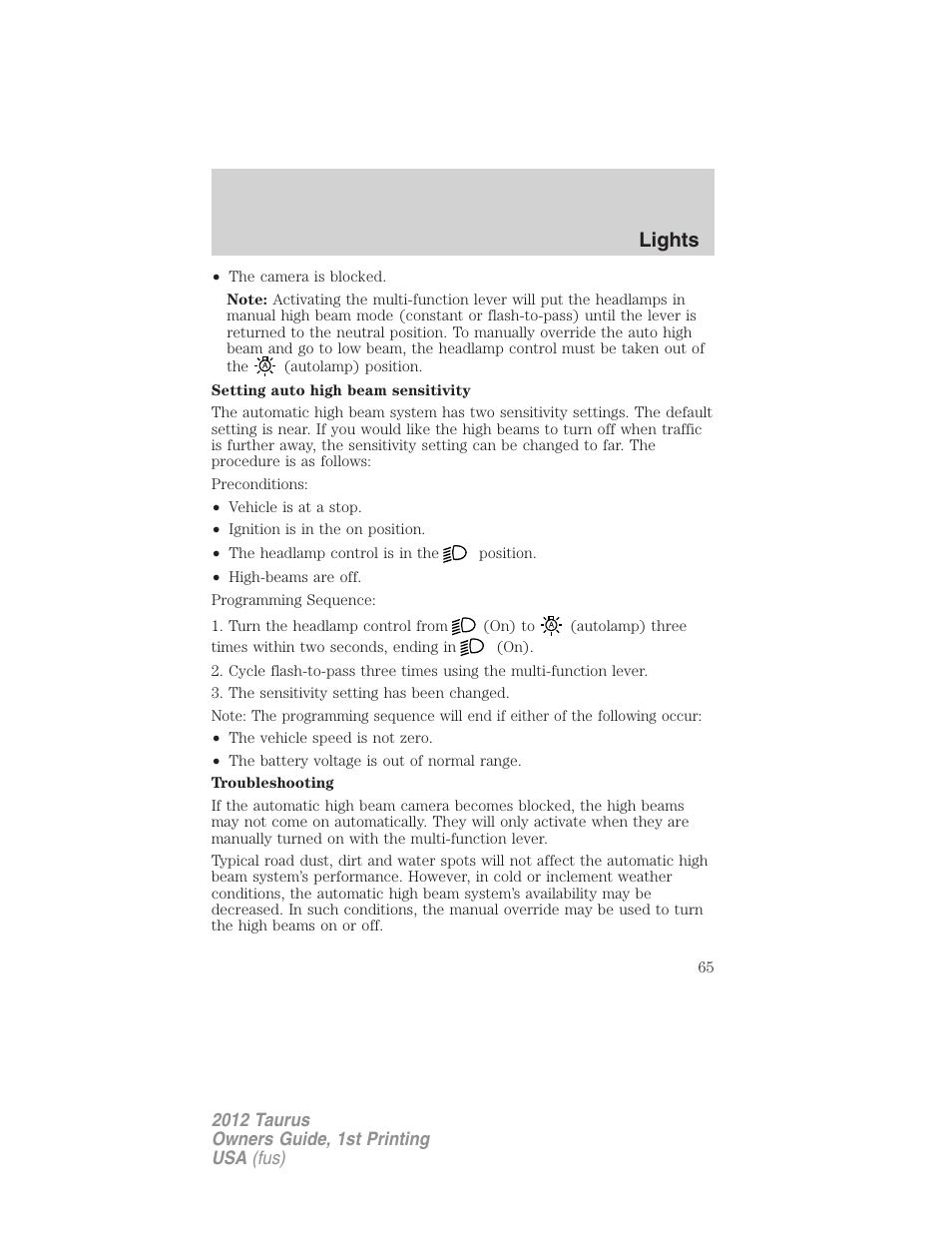 Lights | FORD 2012 Taurus v.1 User Manual | Page 65 / 406