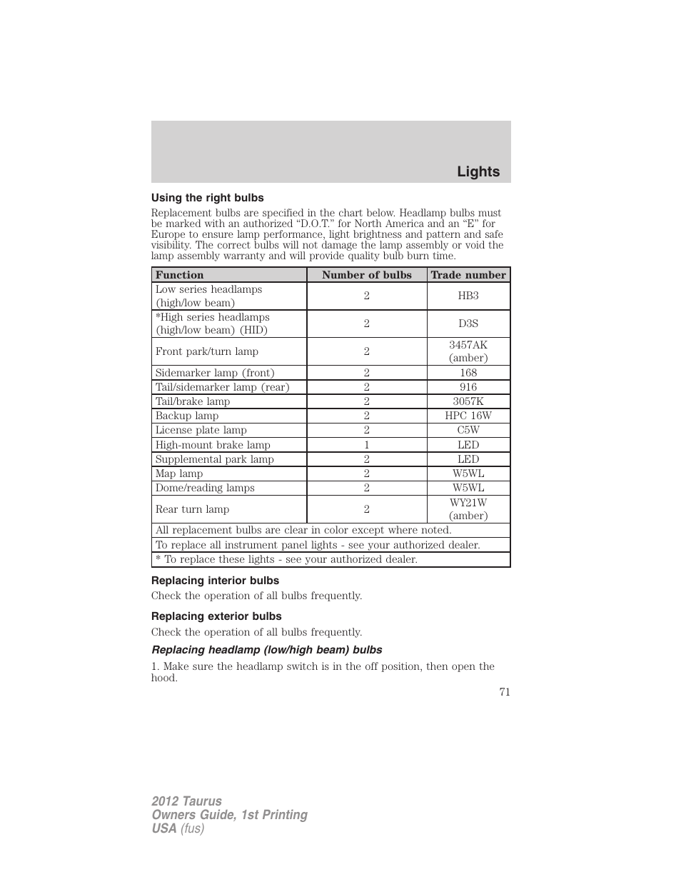 Using the right bulbs, Replacing interior bulbs, Replacing exterior bulbs | Replacing headlamp (low/high beam) bulbs, Lights | FORD 2012 Taurus v.1 User Manual | Page 71 / 406