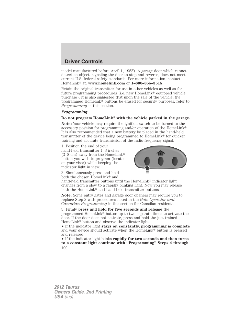 Programming, Driver controls | FORD 2012 Taurus v.2 User Manual | Page 100 / 406