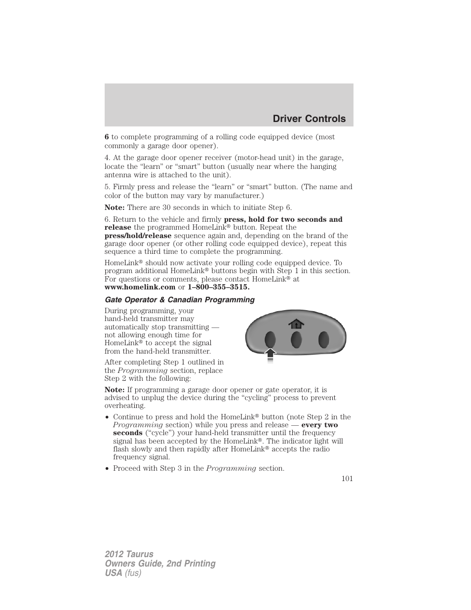 Gate operator & canadian programming, Driver controls | FORD 2012 Taurus v.2 User Manual | Page 101 / 406