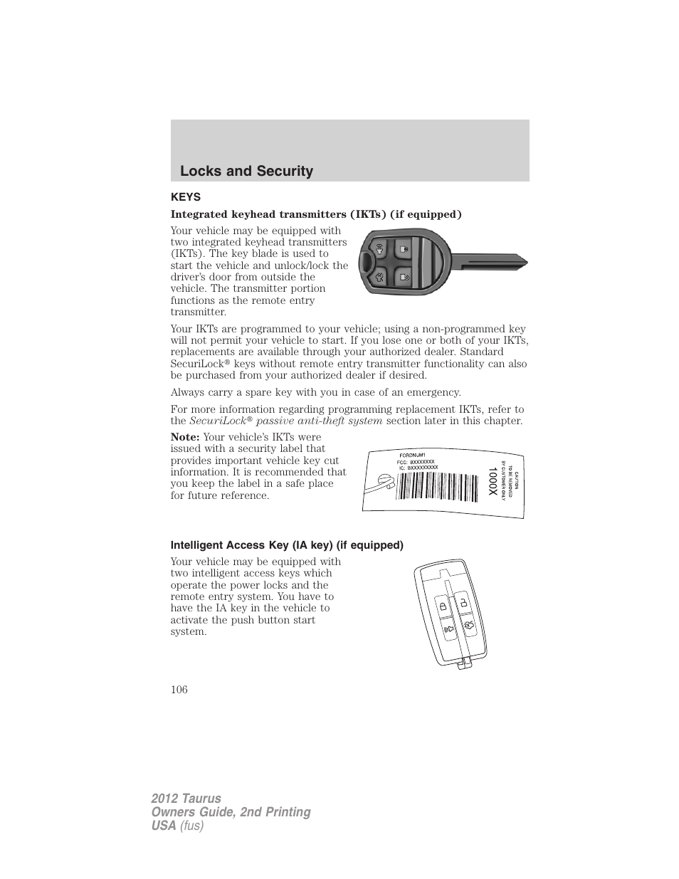 Locks and security, Keys, Intelligent access key (ia key) (if equipped) | FORD 2012 Taurus v.2 User Manual | Page 106 / 406