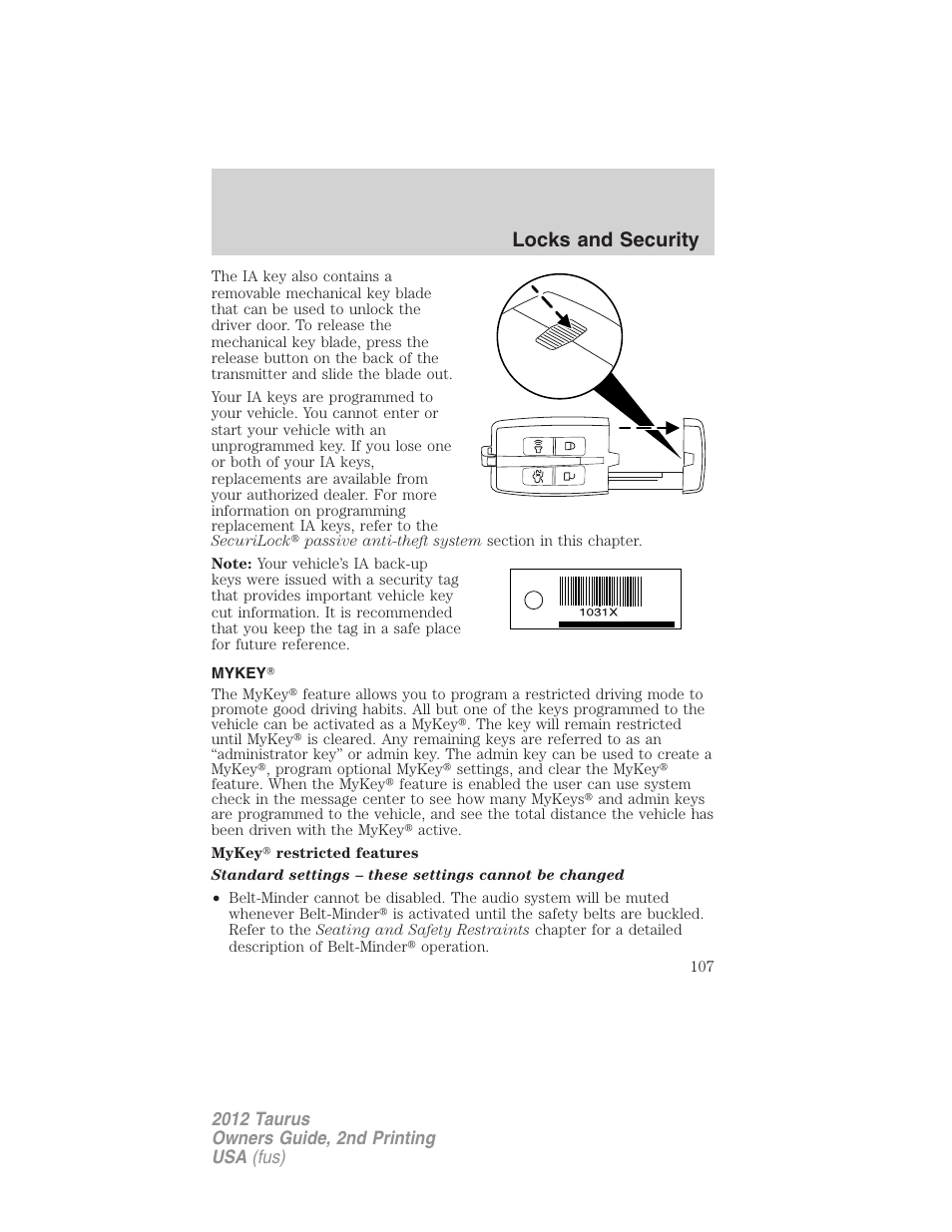Mykey, Locks and security | FORD 2012 Taurus v.2 User Manual | Page 107 / 406