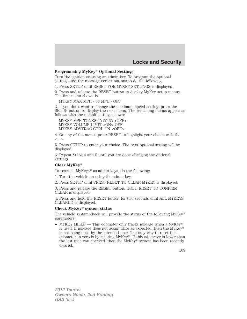 Locks and security | FORD 2012 Taurus v.2 User Manual | Page 109 / 406