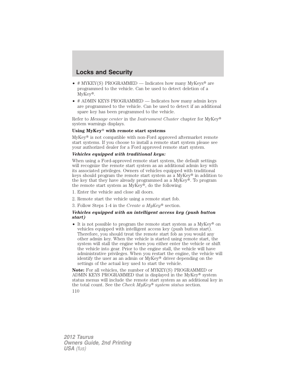 Locks and security | FORD 2012 Taurus v.2 User Manual | Page 110 / 406