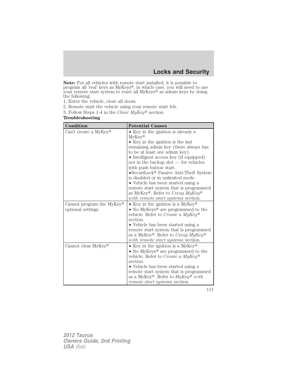 Locks and security | FORD 2012 Taurus v.2 User Manual | Page 111 / 406