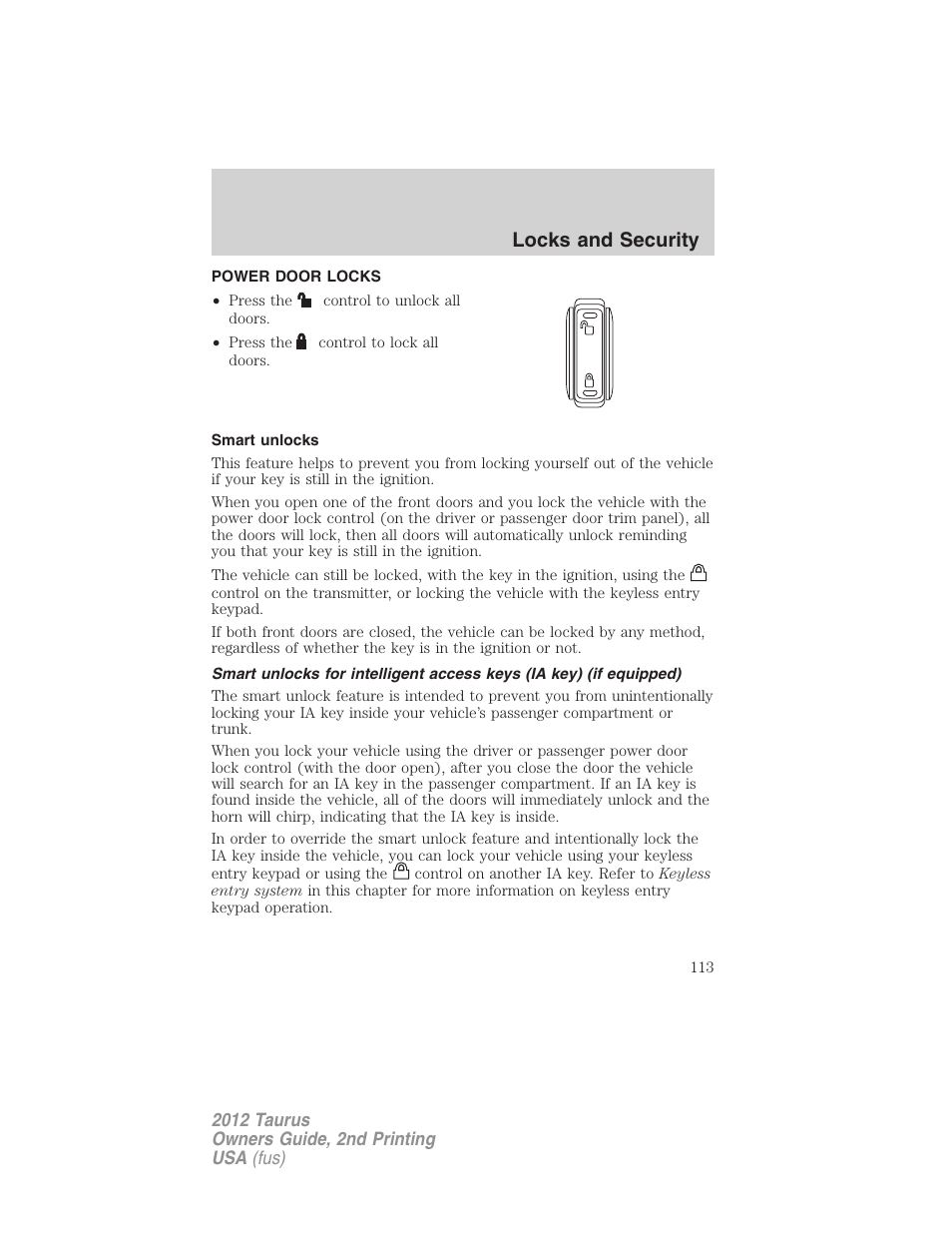 Power door locks, Smart unlocks, Locks | Locks and security | FORD 2012 Taurus v.2 User Manual | Page 113 / 406