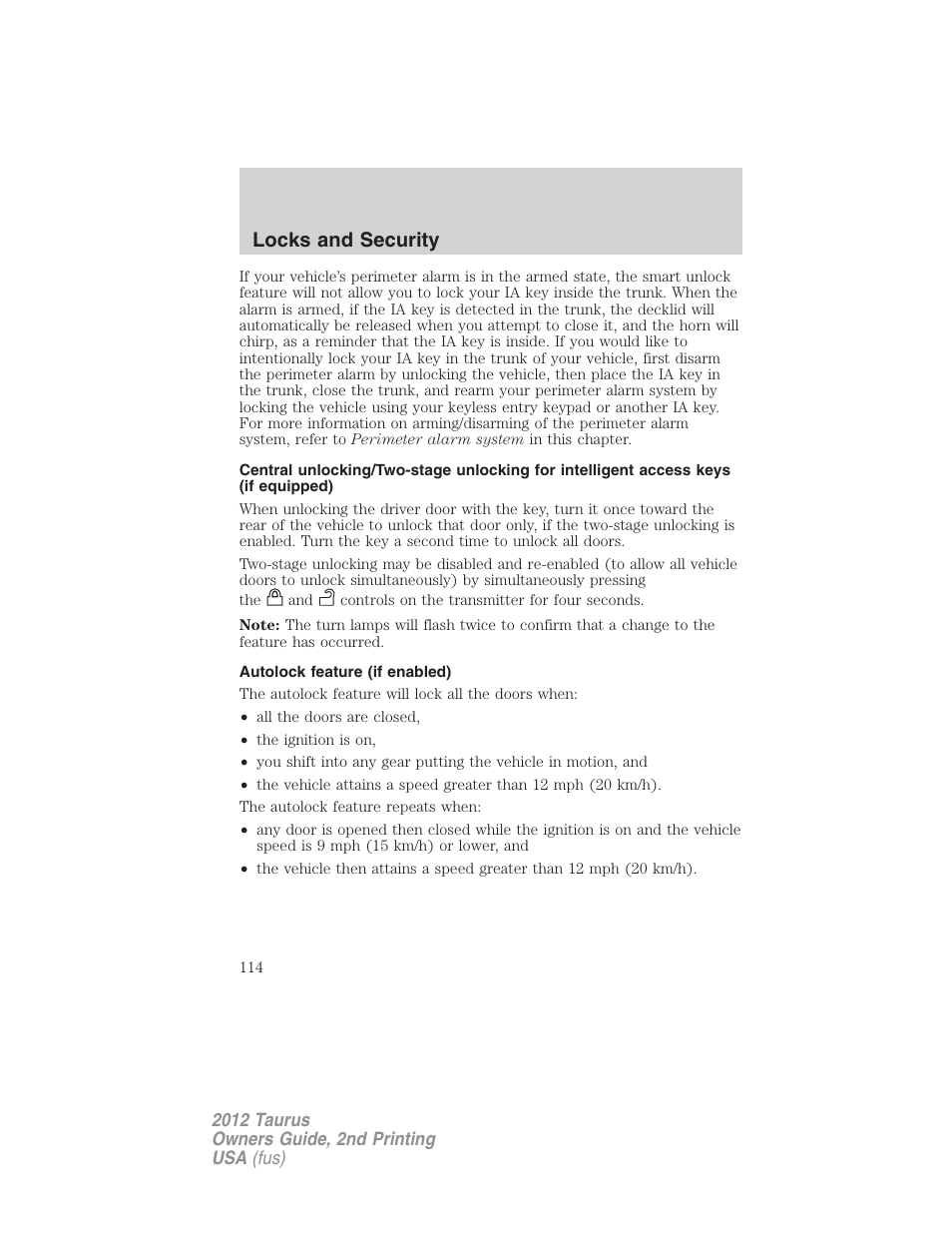 Autolock feature (if enabled), Locks and security | FORD 2012 Taurus v.2 User Manual | Page 114 / 406