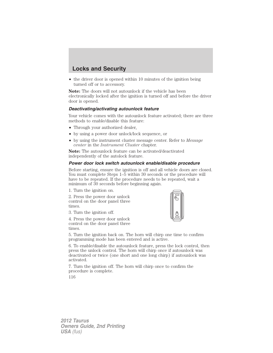 Deactivating/activating autounlock feature, Locks and security | FORD 2012 Taurus v.2 User Manual | Page 116 / 406