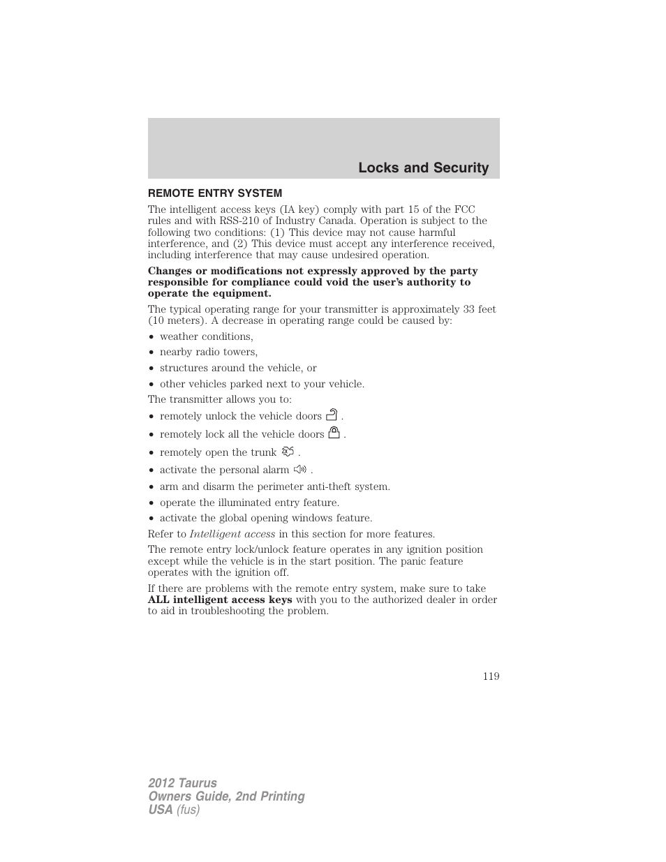 Remote entry system, Locks and security | FORD 2012 Taurus v.2 User Manual | Page 119 / 406