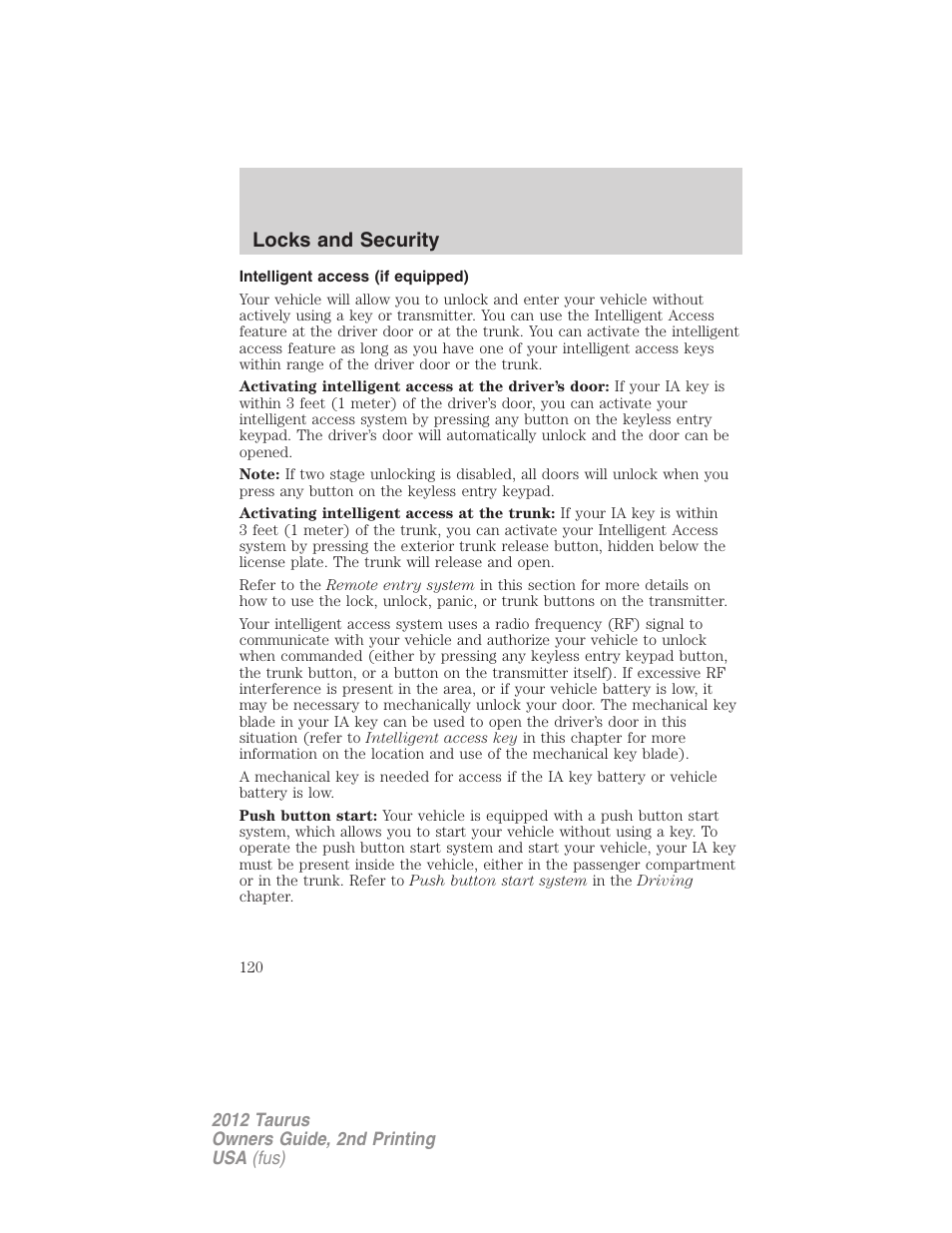 Intelligent access (if equipped), Locks and security | FORD 2012 Taurus v.2 User Manual | Page 120 / 406