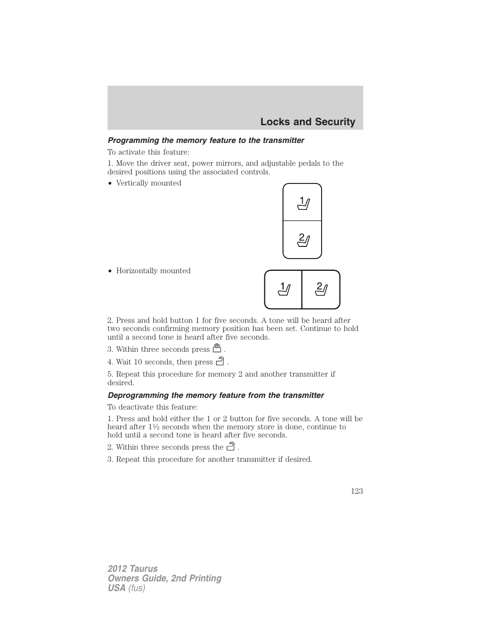 Programming the memory feature to the transmitter, Locks and security | FORD 2012 Taurus v.2 User Manual | Page 123 / 406