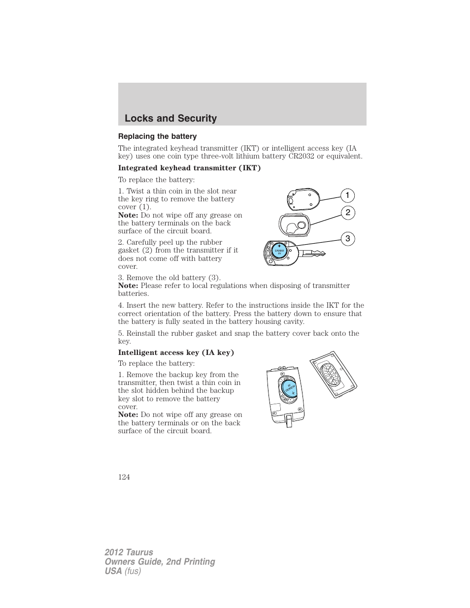 Replacing the battery, Locks and security | FORD 2012 Taurus v.2 User Manual | Page 124 / 406