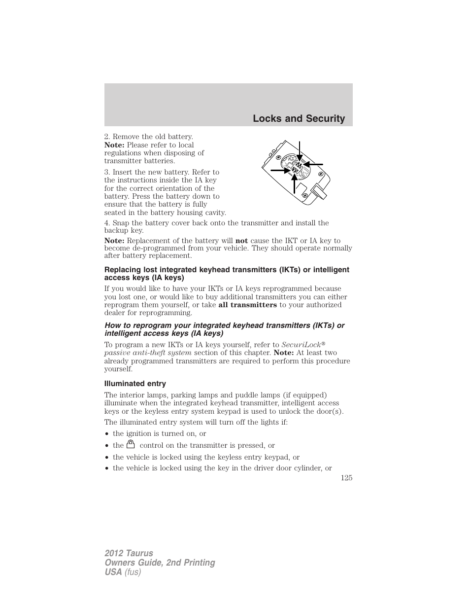 Illuminated entry, Locks and security | FORD 2012 Taurus v.2 User Manual | Page 125 / 406