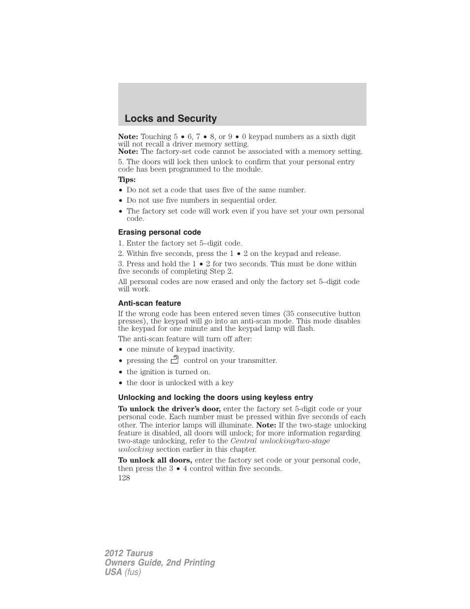 Erasing personal code, Anti-scan feature, Locks and security | FORD 2012 Taurus v.2 User Manual | Page 128 / 406