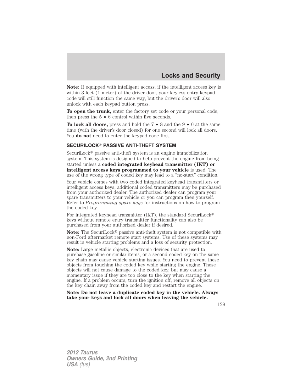 Securilock? passive anti-theft system, Anti-theft system, Locks and security | FORD 2012 Taurus v.2 User Manual | Page 129 / 406