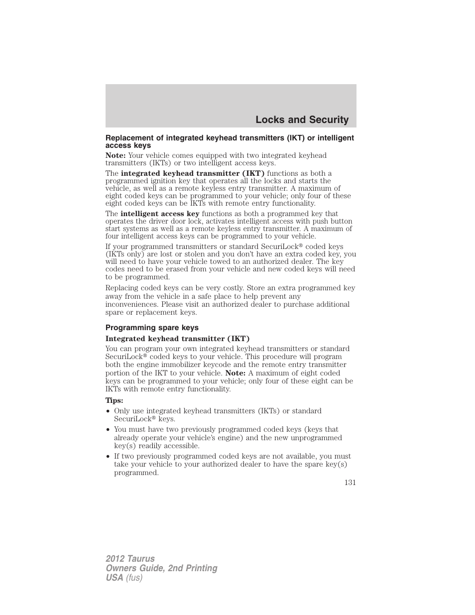 Programming spare keys, Locks and security | FORD 2012 Taurus v.2 User Manual | Page 131 / 406