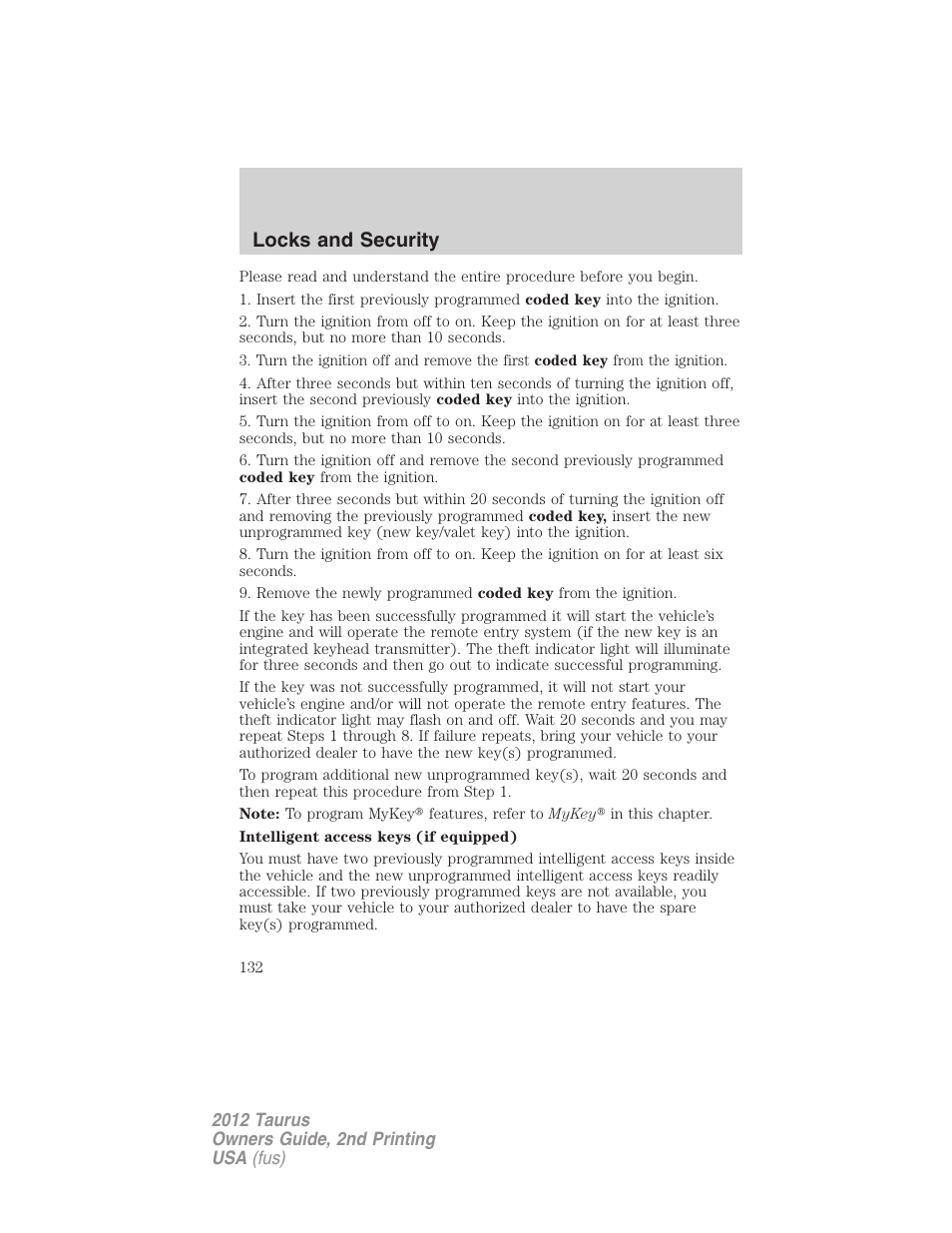 Locks and security | FORD 2012 Taurus v.2 User Manual | Page 132 / 406