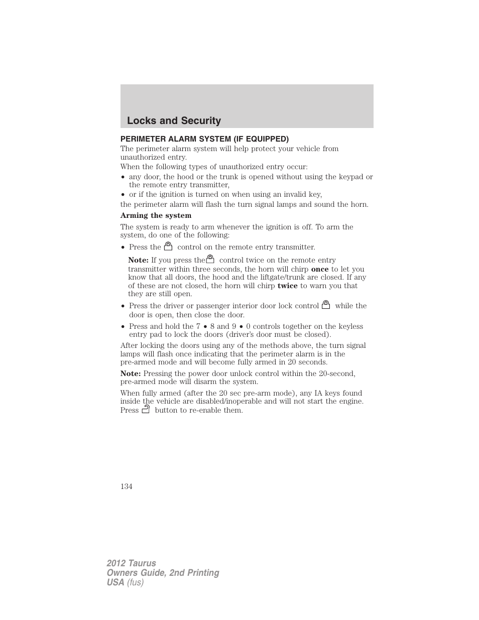 Perimeter alarm system (if equipped), Locks and security | FORD 2012 Taurus v.2 User Manual | Page 134 / 406