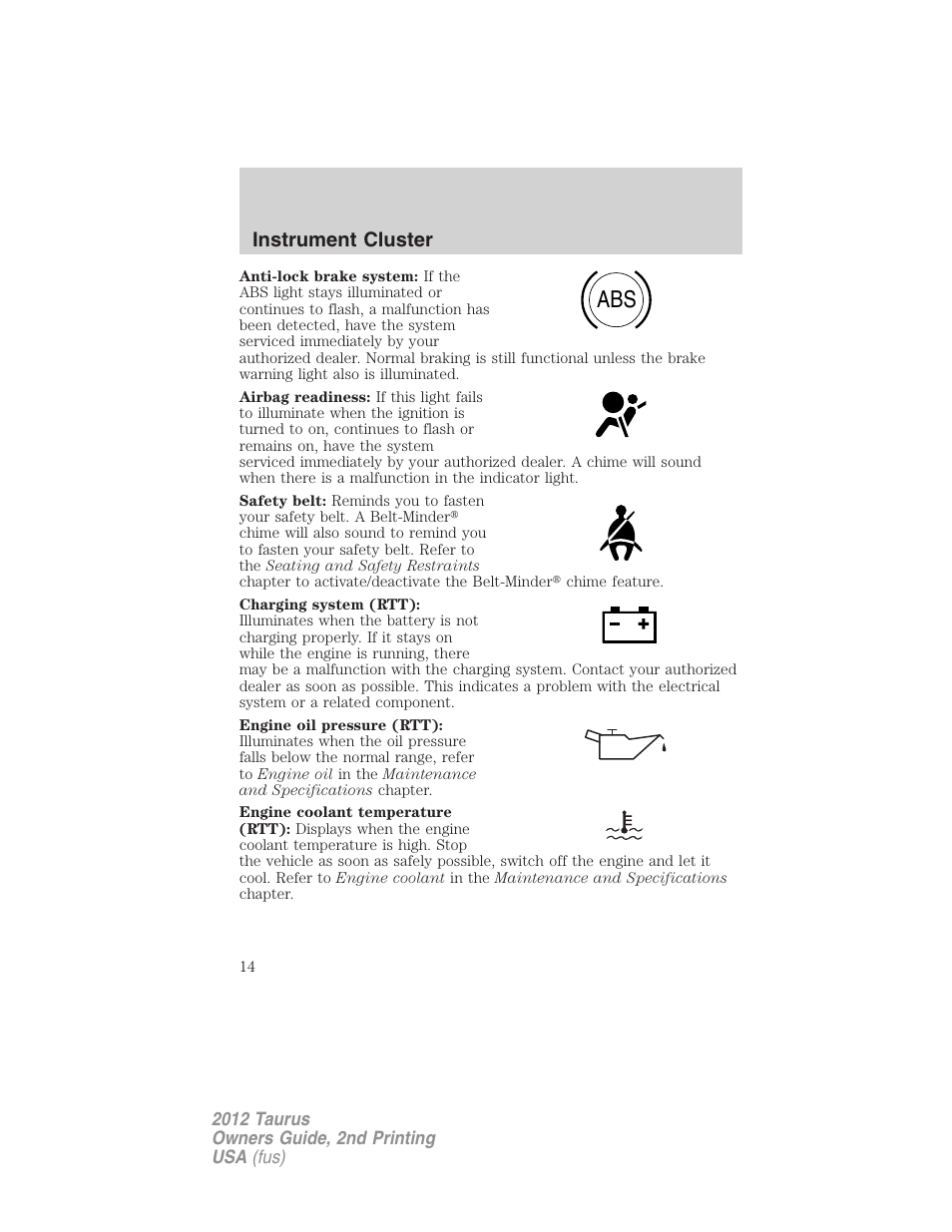 Instrument cluster | FORD 2012 Taurus v.2 User Manual | Page 14 / 406