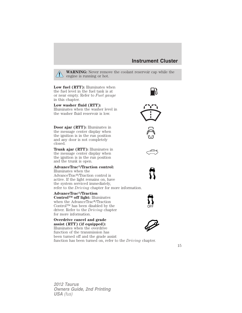 Instrument cluster | FORD 2012 Taurus v.2 User Manual | Page 15 / 406