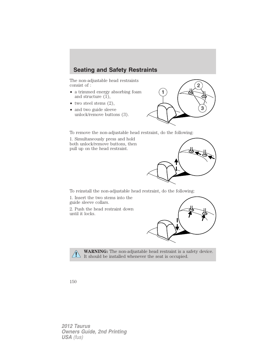 Seating and safety restraints | FORD 2012 Taurus v.2 User Manual | Page 150 / 406