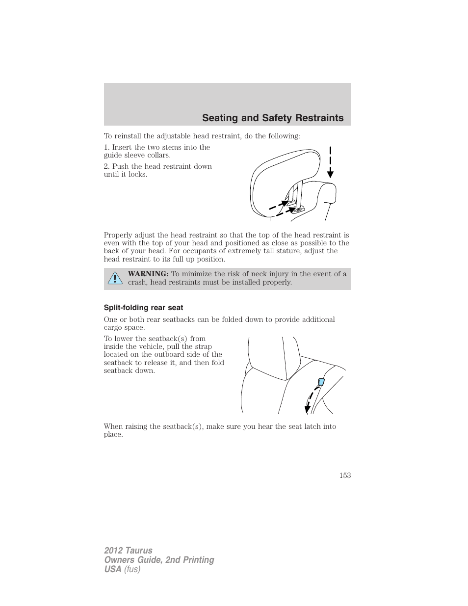 Split-folding rear seat, Seating and safety restraints | FORD 2012 Taurus v.2 User Manual | Page 153 / 406