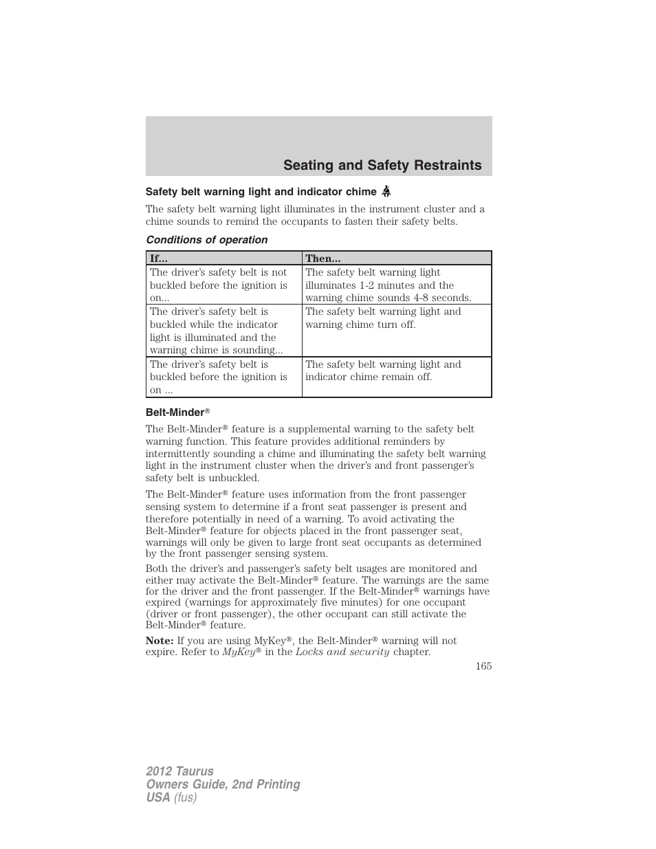 Safety belt warning light and indicator chime, Conditions of operation, Belt-minder | Seating and safety restraints | FORD 2012 Taurus v.2 User Manual | Page 165 / 406