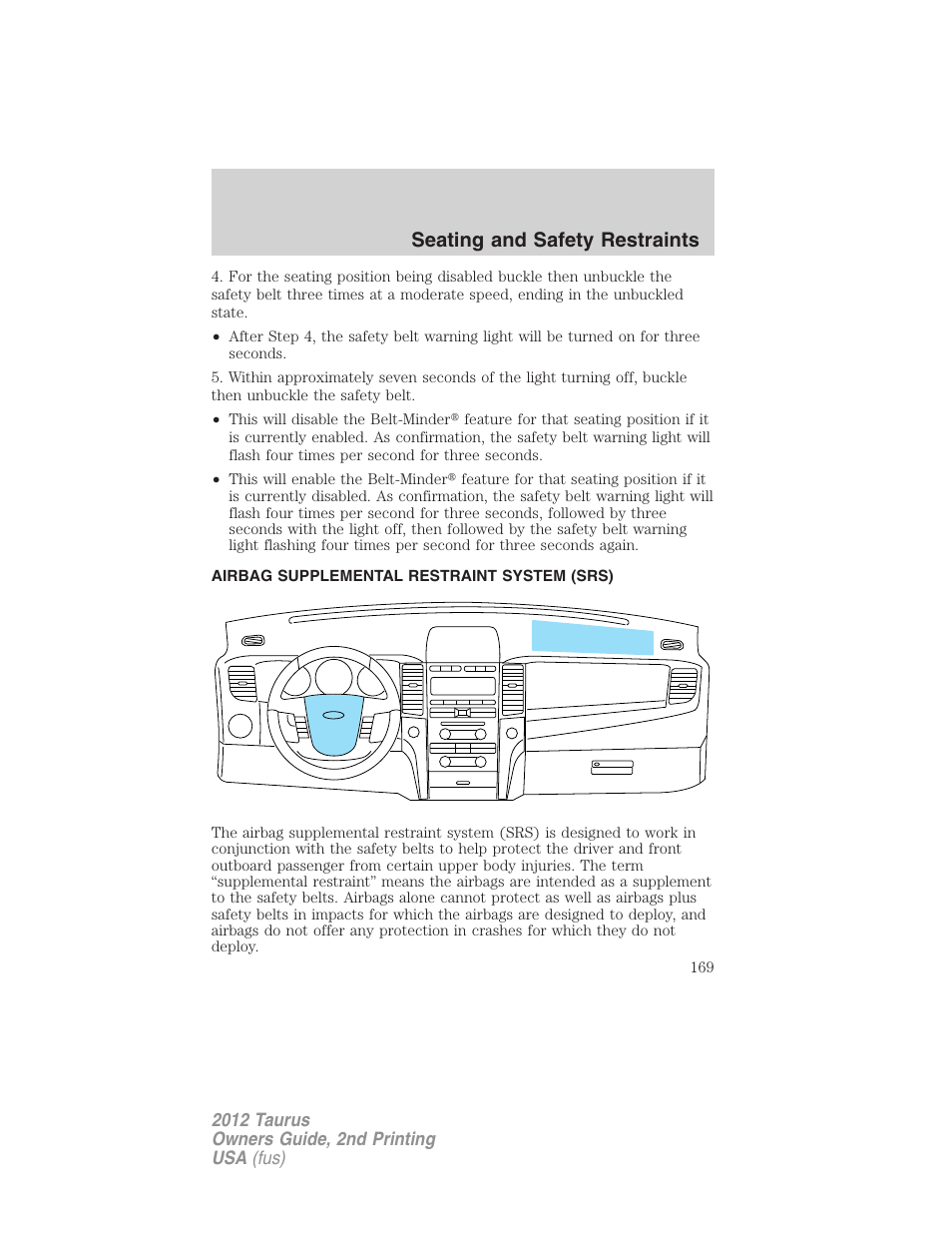 Airbag supplemental restraint system (srs), Airbags, Seating and safety restraints | FORD 2012 Taurus v.2 User Manual | Page 169 / 406