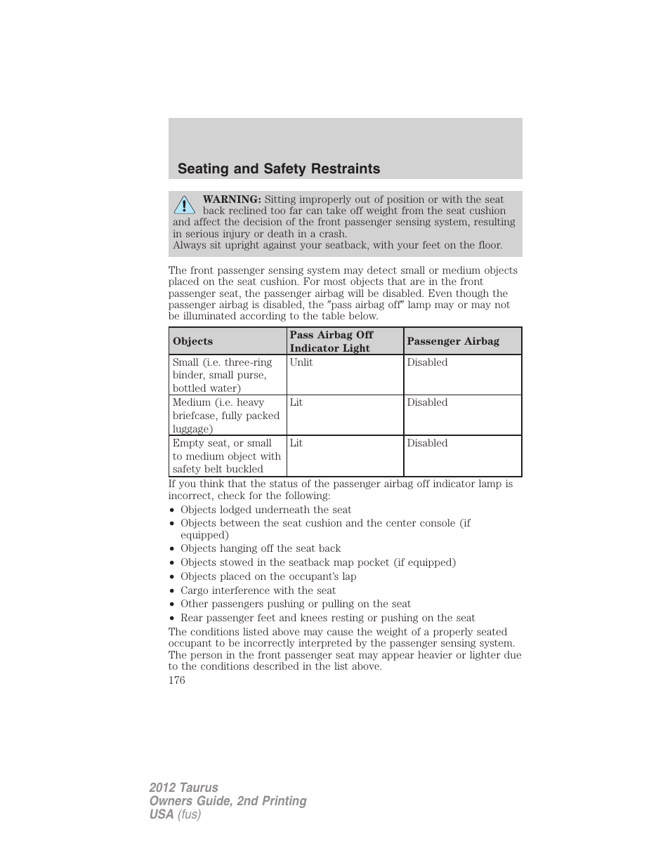 Seating and safety restraints | FORD 2012 Taurus v.2 User Manual | Page 176 / 406