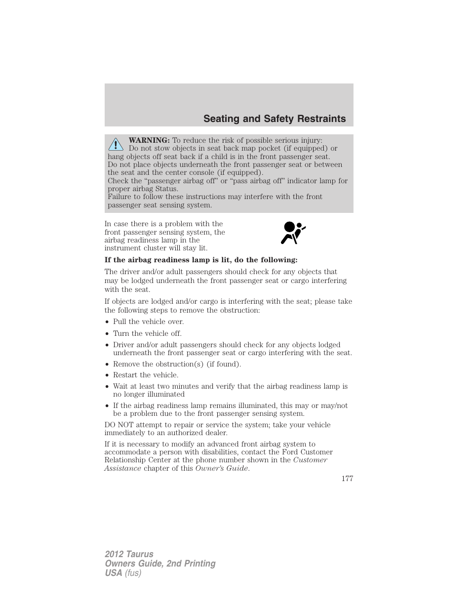 Seating and safety restraints | FORD 2012 Taurus v.2 User Manual | Page 177 / 406