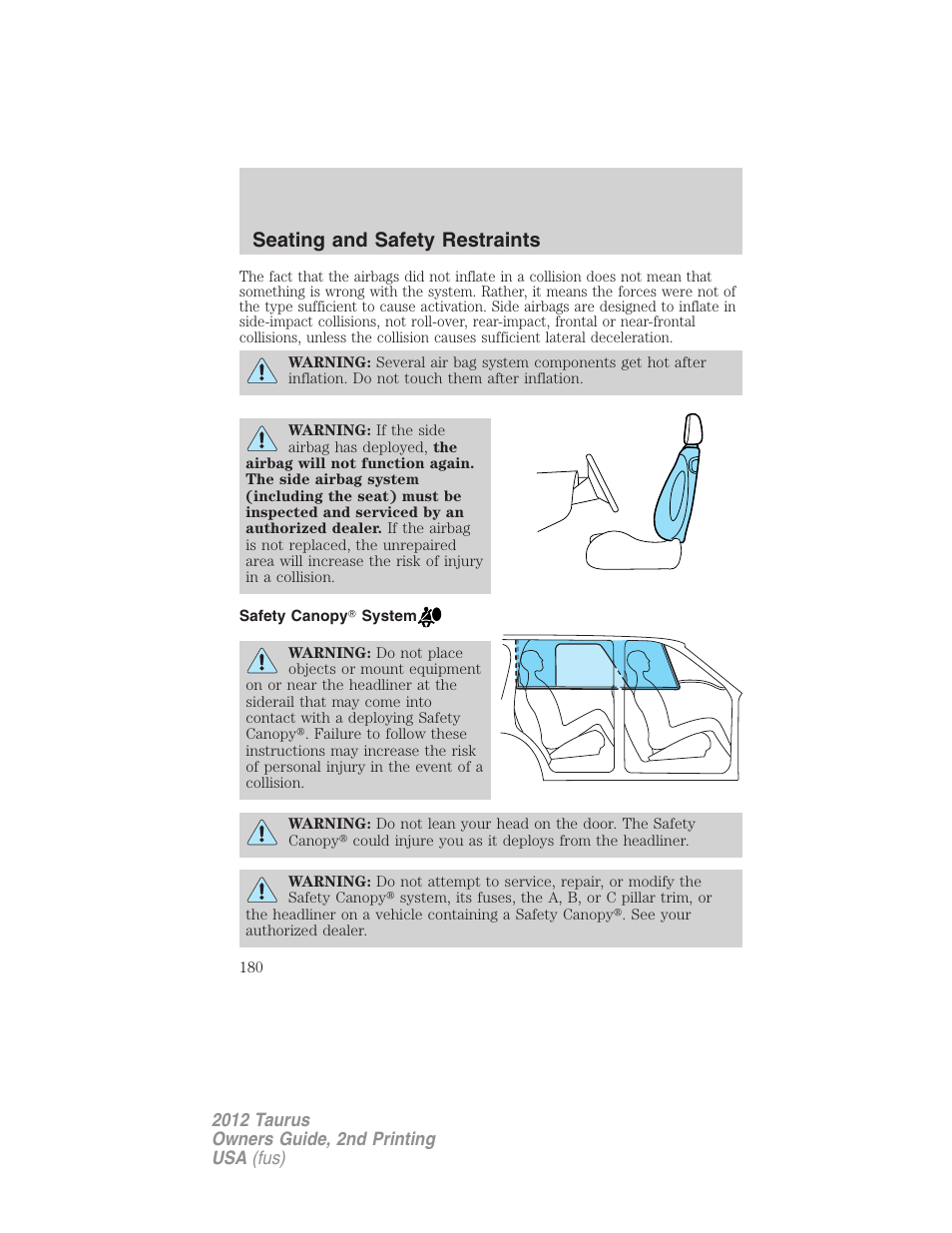 Safety canopy? system, Seating and safety restraints | FORD 2012 Taurus v.2 User Manual | Page 180 / 406