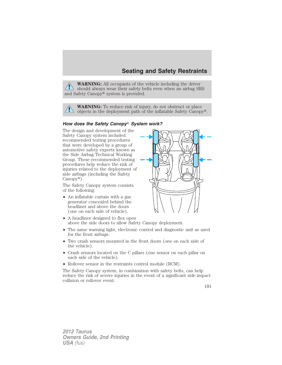 How does the safety canopy? system work, Seating and safety restraints | FORD 2012 Taurus v.2 User Manual | Page 181 / 406