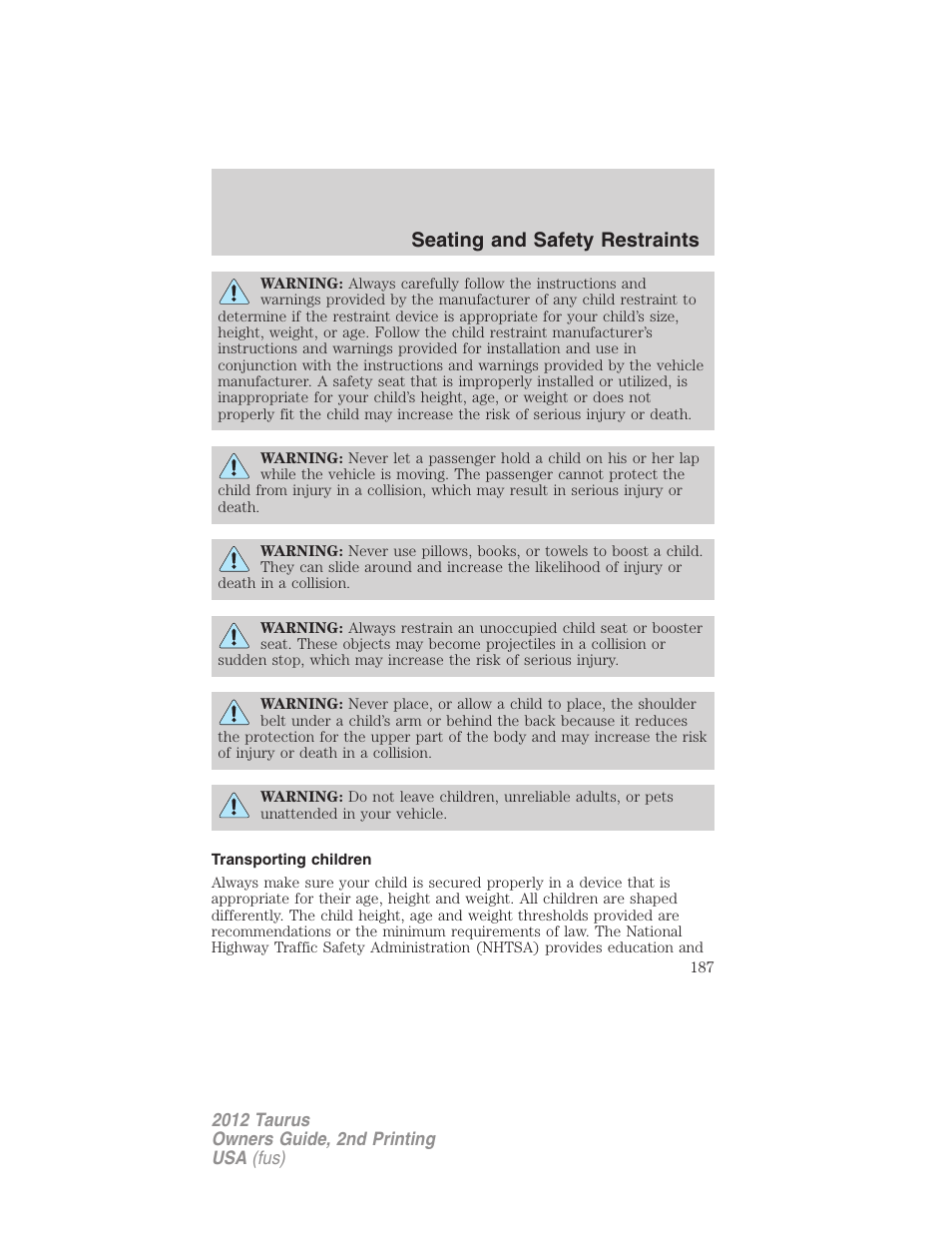 Transporting children, Seating and safety restraints | FORD 2012 Taurus v.2 User Manual | Page 187 / 406