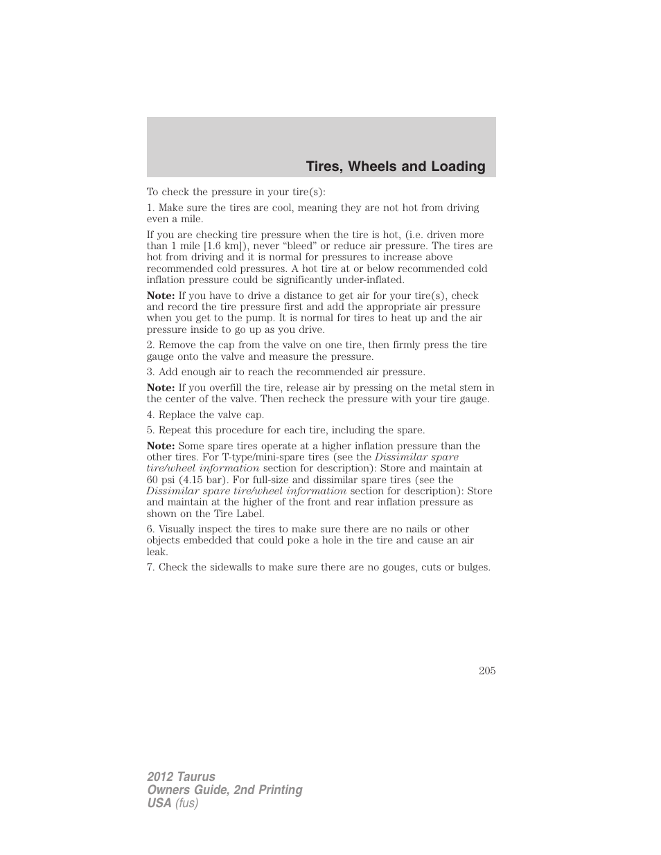 Tires, wheels and loading | FORD 2012 Taurus v.2 User Manual | Page 205 / 406