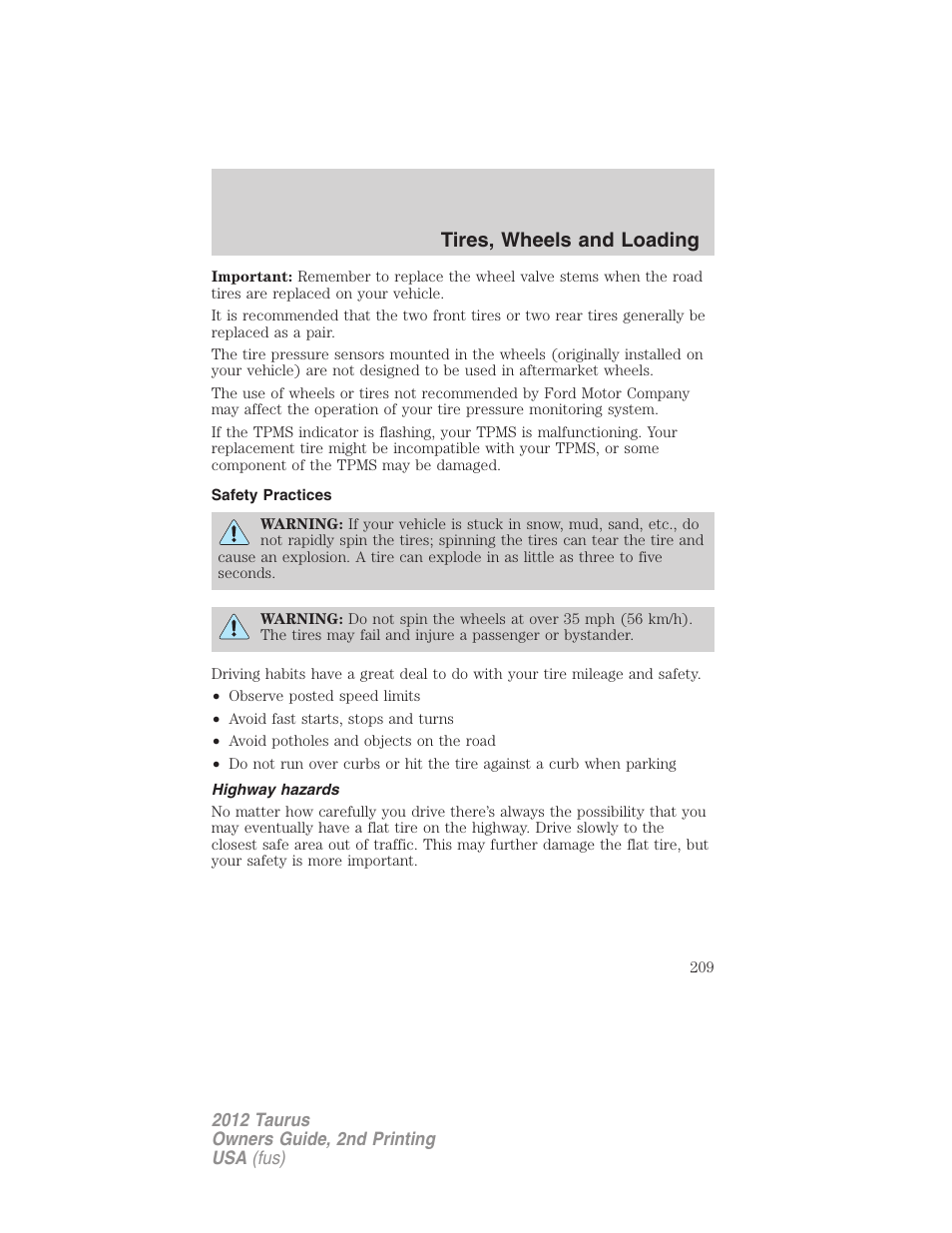 Safety practices, Highway hazards, Tires, wheels and loading | FORD 2012 Taurus v.2 User Manual | Page 209 / 406