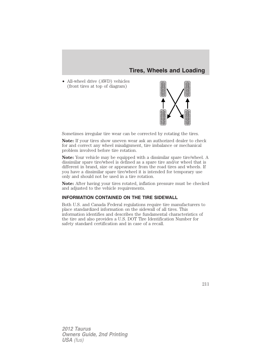 Information contained on the tire sidewall, Tires, wheels and loading | FORD 2012 Taurus v.2 User Manual | Page 211 / 406